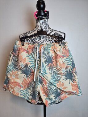 Zara Man Swim Trunks Mens M Tropical Palm Print Mesh Lined Drawstring Beach